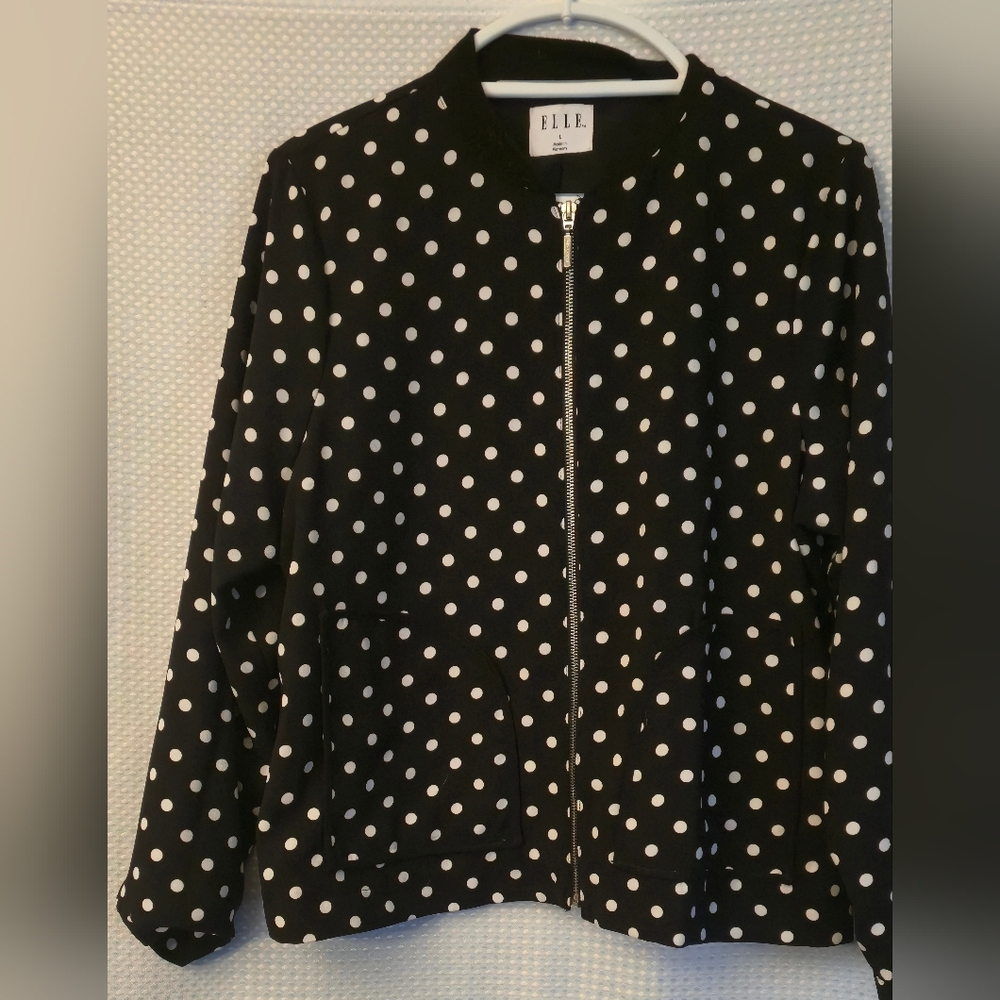 Elle Polka Dot Bomber Jacket in Black and White Size Large